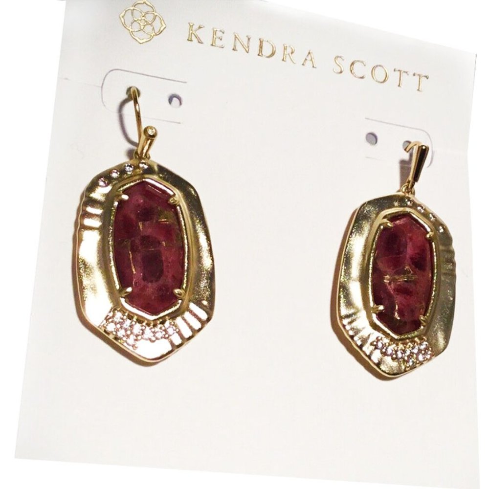 KENDRA SCOTT Anna Small Drop Gold Bronze Veined Maroon Jade Earrings - Picture 4 of 6